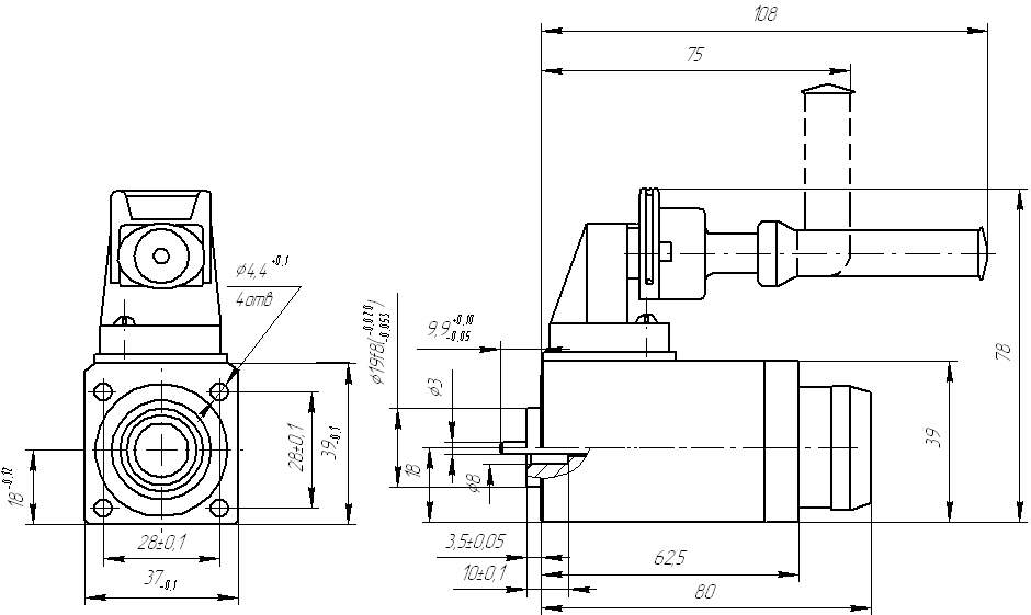 Габаритные и присоединительные размеры электромагнита ПЭ 36 с соединителем AMP Power Timer