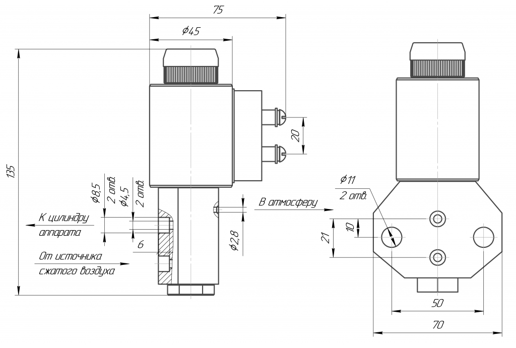 Габаритные и присоединительные размеры электропневмовентилей ВВ-2
