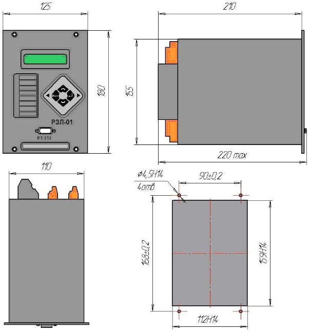 Схема габаритных и установочных размеров устройства защиты РЗЛ-01.01