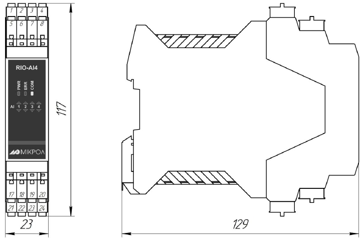 Схема габаритных размеров модуля RIO-AI4