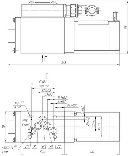 Схема габаритных размеров гидрораспределителя 1П110 двухпозиционного