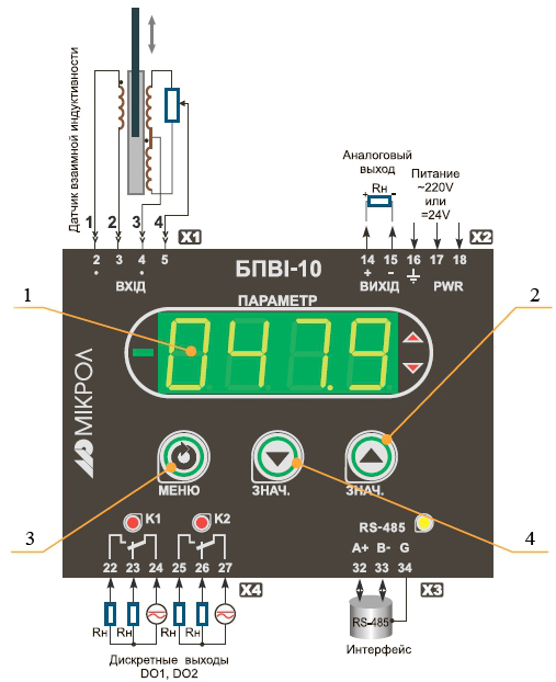 Подключение и передняя панель преобразователя БПВИ-10