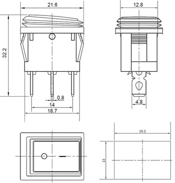 Рис.2. Габаритный чертеж переключателя KCD1-2-101WN