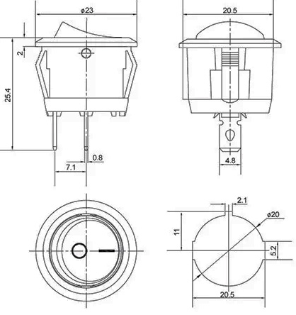 Рис.2. Габаритный чертеж переключателя KCD1-5-101