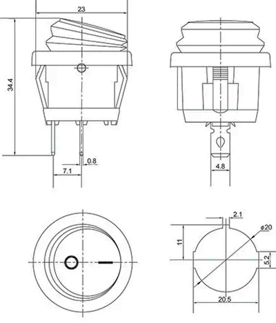 Рис.1. Габаритный чертеж переключателя KCD1-5-101W