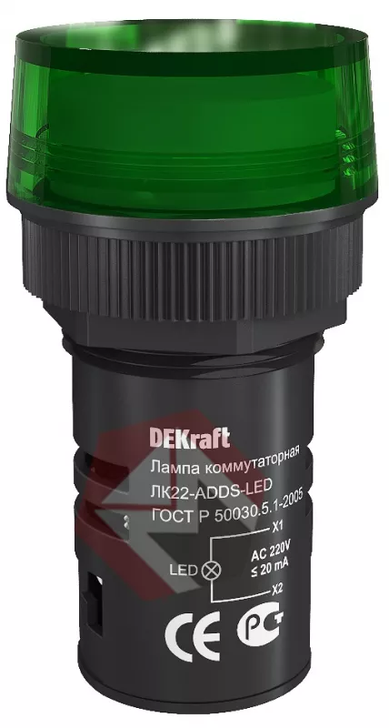 Лампа коммутационная ADDS ?22 мм Цвет:ЗЕЛЕНЫЙ LED 220В ЛK-22 DEKraft фото 1