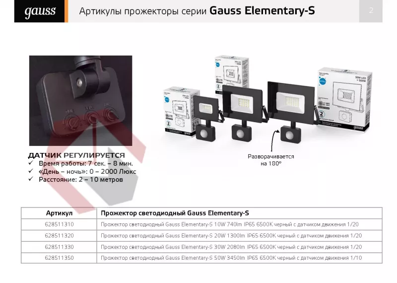 Прожектор светодиодный Gauss Elementary LED 30W 2100lm IP65 6500К с датчиком движения 1/24 фото 6