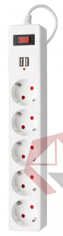 Сетевой фильтр Smartbuy c USB, 10А, 5 гнезд, c з/ш, земля, ПВС 3x0,75, 3 м., белый фото 1
