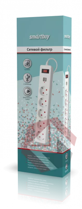 Сетевой фильтр Smartbuy c USB, 10А, 5 гнезд, c з/ш, земля, ПВС 3x0,75, 3 м., белый фото 2