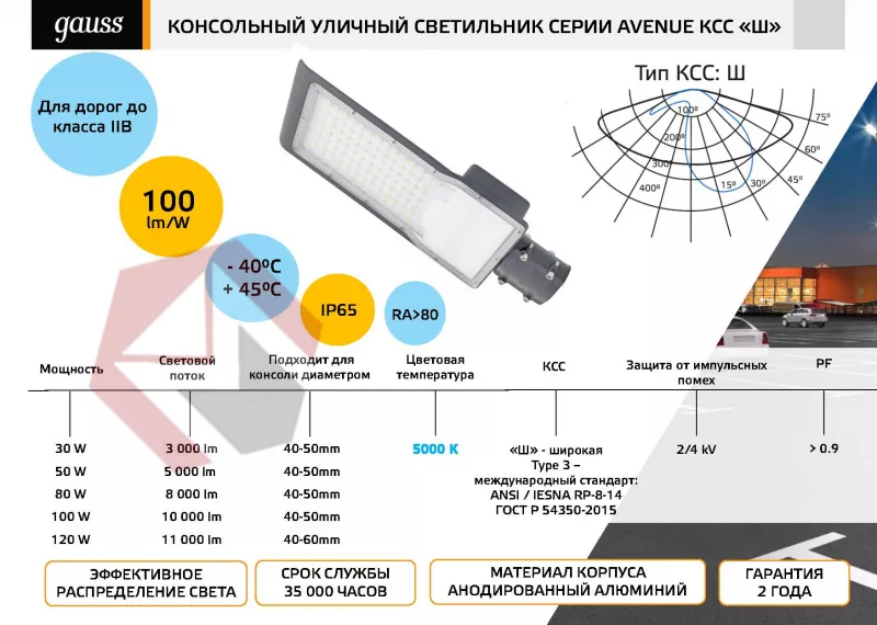 Светильник уличный Gauss Avenue  30W 5000K 3000lm  190-250V IP65 фото 3