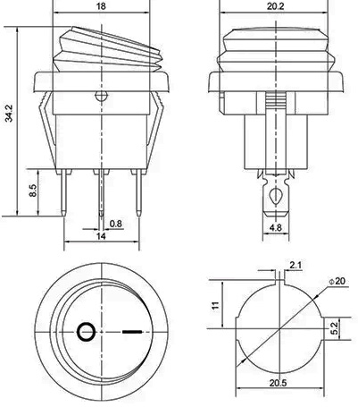 Рис.1. Габаритный чертеж переключателя KCD1-8-101WN